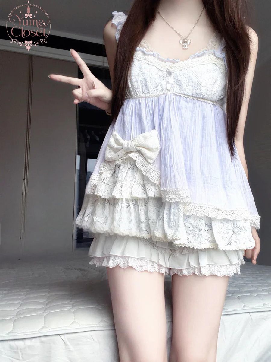 Lace Trim Cami - 코켓 료상가타 돌코어 일본 빈티지 2피스