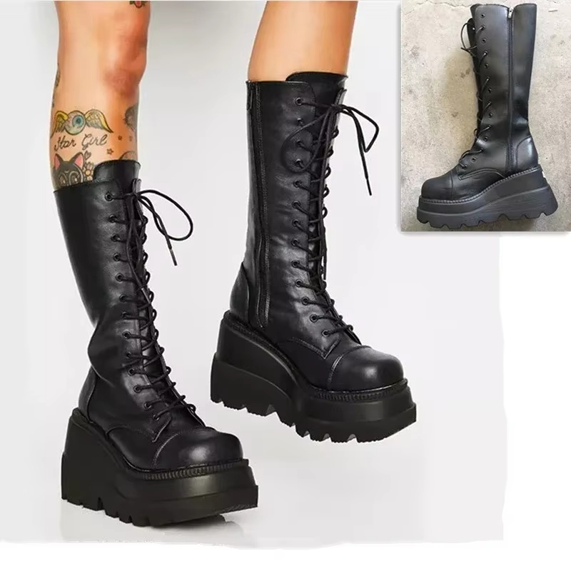 Women'S Fashion Knee High Boots - 여성 플랫폼 부츠 펑크 미드 카프
