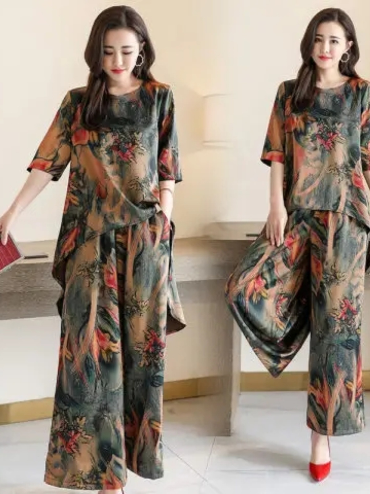 Women Fashion Over The Years - 세련된 프린트 반팔 슬리밍 탑과 와이드
