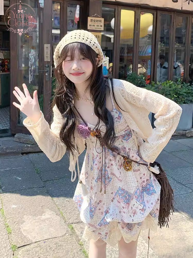 Lace Trim Cami - 여름용 빈티지 스타일의 끈나시 원피스 세트,