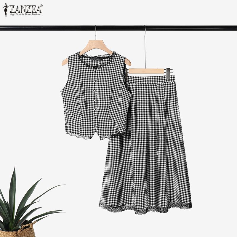 우아한 여성 2 조각 세트 ZANZEA 여름 민소매 격 - Women'S Fashion Vest Tops 리뷰 및 가격