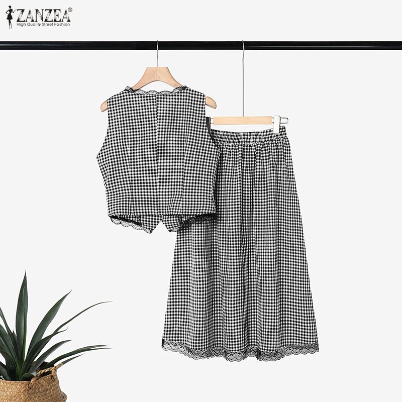 우아한 여성 2 조각 세트 ZANZEA 여름 민소매 격 - Women'S Fashion Vest Tops 리뷰 및 가격