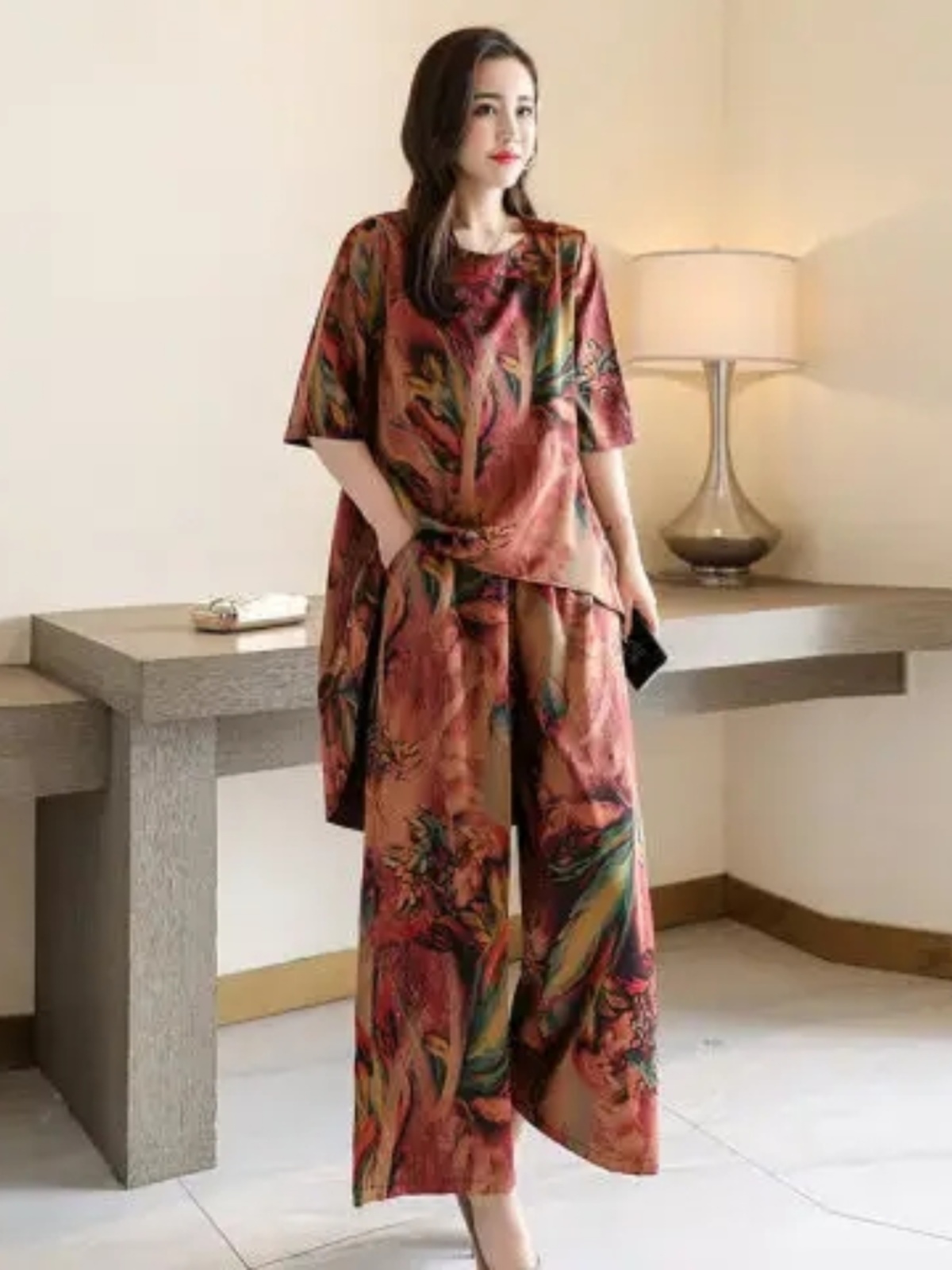 세련된 프린트 반팔 슬리밍 탑과 와이드 레그 팬츠 투피 - Women Fashion Over The Years 리뷰 및 가격